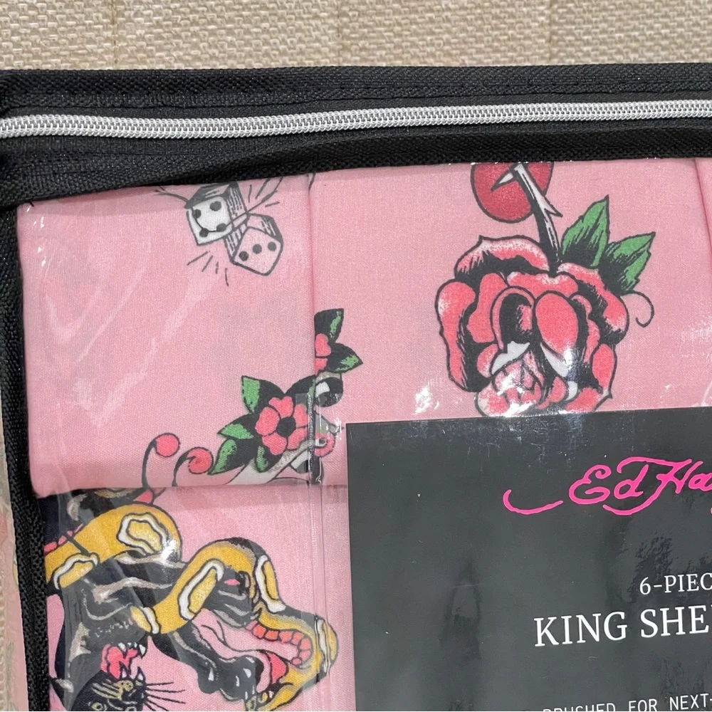 NEW Ed Hardy Pink Tattoo Print 6 Piece King Sheet Set Tiger Skull Rose